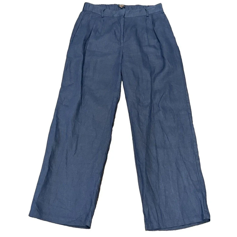 Quince 100% European Linen Navy Blue Pleated Trousers Women Sz 12 High Rise EUC